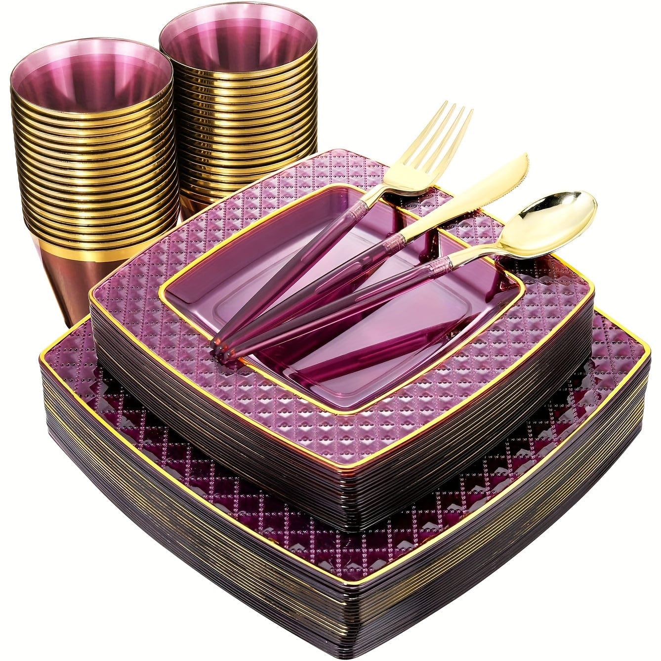 Showlu Fashion Store Purple 150PCS Purple Plastic Plates - Purple Square Disposable Plates - Gold Plastic Plates Include 25Dinner Plates, 25Dessert Plates, 25Cups, 25Forks, 25Knives, 25Spoons for Wedding