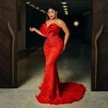 Vinca Sunny Aso Ebi mermaid prom dress by SHOWLU FASHION STORE with beaded lace, 3D details, feathers, and lace-up back.