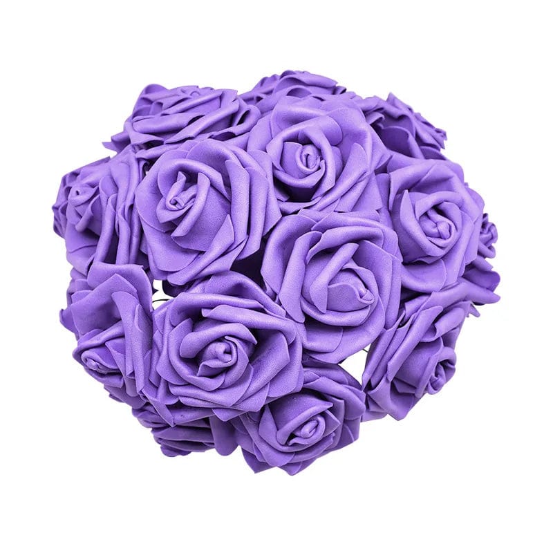 Showlu Fashion Store Purple 24pcs 7cm White Rose Artificial PE Foam Rose Flower Wedding Decoration Bridal Bouquet Scrapbooking Craft Fake Flowers DIY Suppli