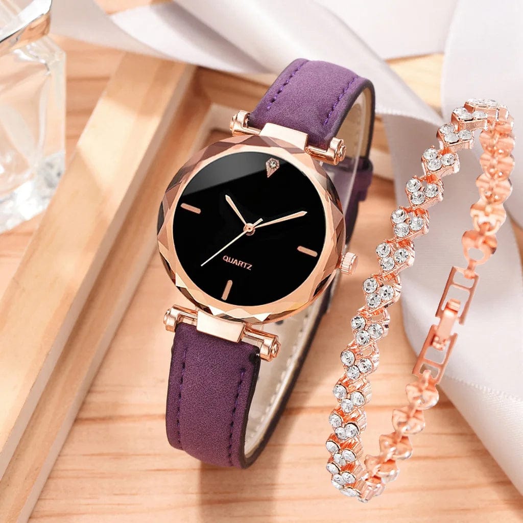 Showlu Fashion Store PURPLE 2pcs Luxury Fashion Women Watch Set PU Leather Strap Ladies Quartz Wristwatch Rhinestone RoseGold Alloy Bracelet for Ladies Gift