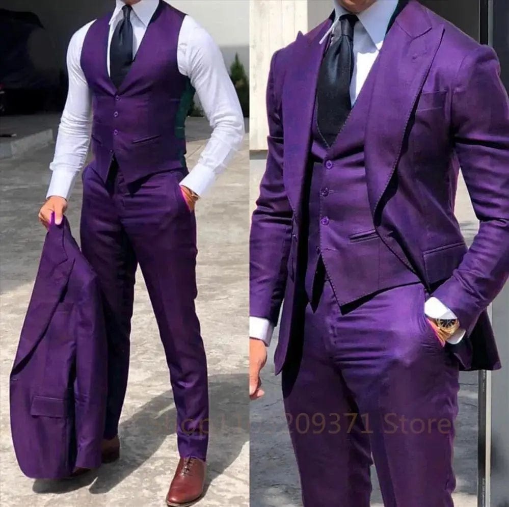 SHOWLU FASHION STORE Purple 3 Piece Set 2024 Men Business Suits Groom Groomsman 3 Pieces Wedding Party Formal Occasions Tuxedo Jacket Vest Pants