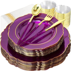  Showlu Fashion Store Purple 70pcs Disposable Party Tableware Transparent Purple Plastic Plate With Tableware Cup Napkin Combo Set Wedding God Day Party Supplies