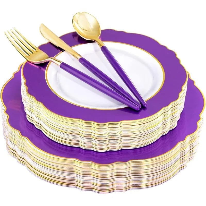 Showlu Fashion Store Purple And Gold / United States / 30Guest 30Guest Green Plastic Plates - Gold Plastic Silverware With Green Handle - Christmas Plates Disposable - Baroque Green