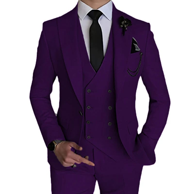 Showlu Fashion Store purple / Asian 3XL is US L 2023 Fashion New Men Leisure Boutique Business Solid Color Wedding Suit Coat Pants Vest 3 Pcs Set Dress Blazers Jacket Trousers