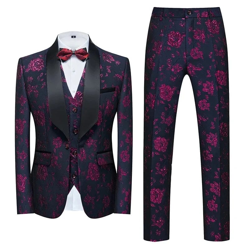 SHOWLU FASHION STORE PURPLE / Asian 5XL is Eur 3XL (Jacket+Vest+Pant) Men Business Casual Slim Fit Suits 3 Pieces Sets Fashion Flower Printed Tuxedo Wedding Formal Dress Blazers