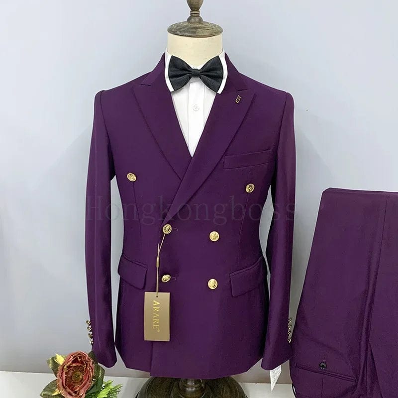 SHOWLU FASHION STORE PURPLE / Asian 5XL is US 2XL 2 Pcs Suit Set Blazers Jacket Pants / Fashion Men Casual Business Pure Color Double Breasted Groom Wedding Formal Dress Suit