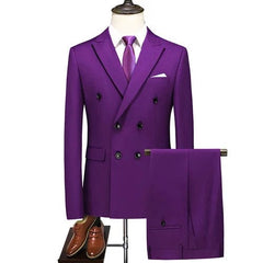 Showlu Fashion Store PURPLE / Asian M is US 3XS 2023 Fashion New Men's Business Double Breasted Solid Color Suit Coat / Male Slim Wedding 2 Pieces Blazers Jacket Pants Trousers