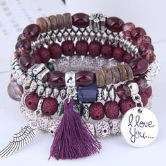  Showlu Fashion Store purple DIEZI Bohemian Multicolor Pink Crystal Beads Bracelets Women Girls Elastic Tassel Wing Letters Rope Bracelet Pulseira Feminina