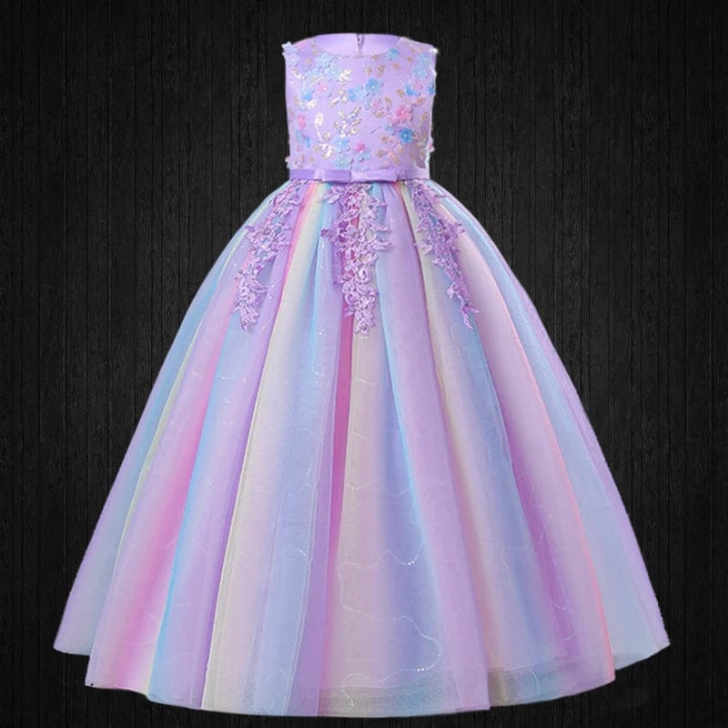  Showlu Fashion Store Purple Dress / (3-4)T Formal Occasion Young Girl Tassel Rainbow Floral Long Elegant Bridesmaid Dresses Children's Graduation Party Ceremony Costumes