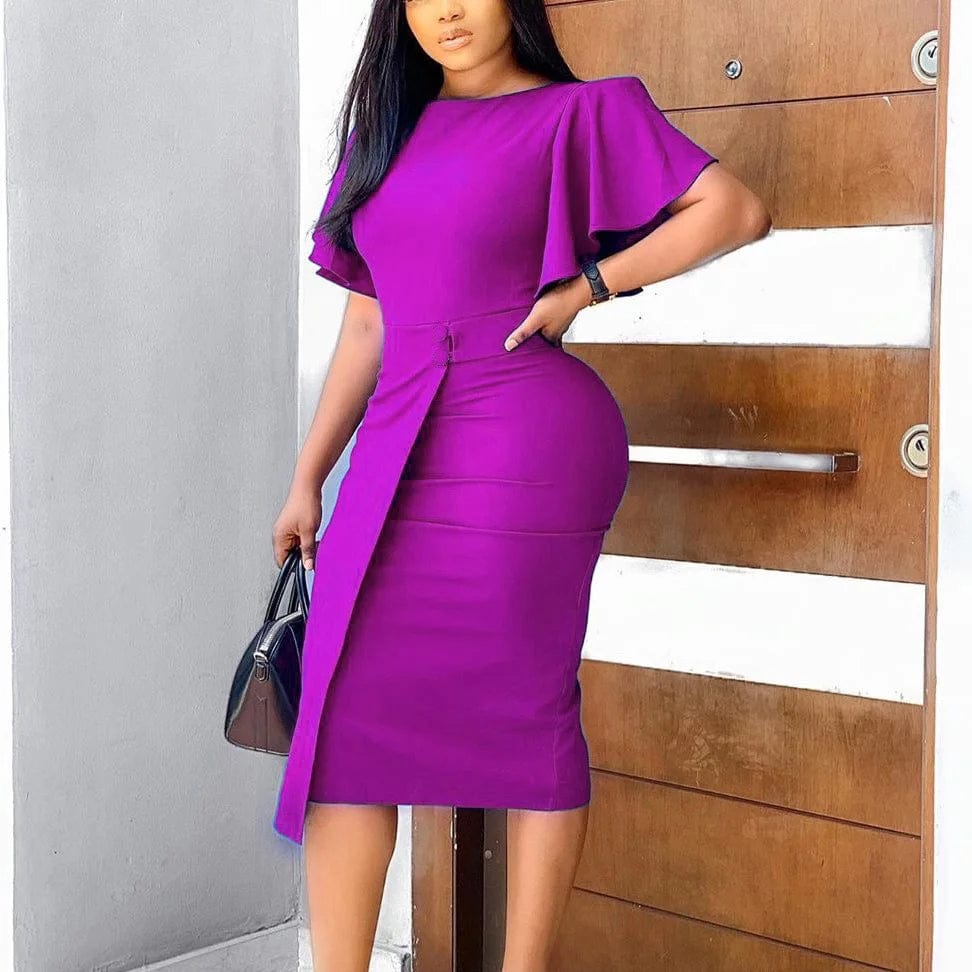 SHOWLU FASHION STORE Purple Dress / XL Office Dresses for Woman Elegant Stylish 2024 New O Neck Ruffles Sleeve Buttons Sheath Mid Calf Professional Work Dress Midi Hot