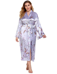  Showlu Fashion Store Purple-Kimono / XL Large Size 3/4 Long Sleeve 2PCS Lady Satin Pajamas Set Sexy Lace Flower Sleep Suit Lounge Sleepwear XL-6XL Lingerie Home Clothes