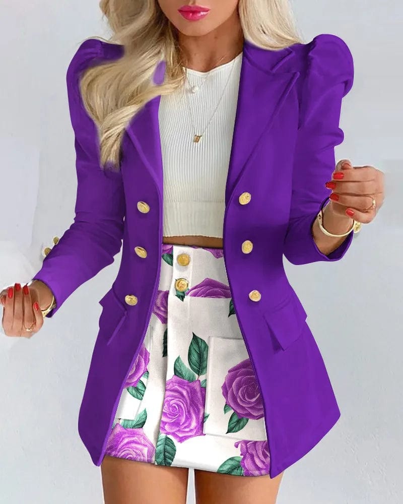  Showlu Fashion Store PURPLE / M Long Sleeve Suit Jacket Dress Set Spring Fashion Elegant Solid Turn Down Collar Coat Buns Two Piece Sets For Women Outfit 2023