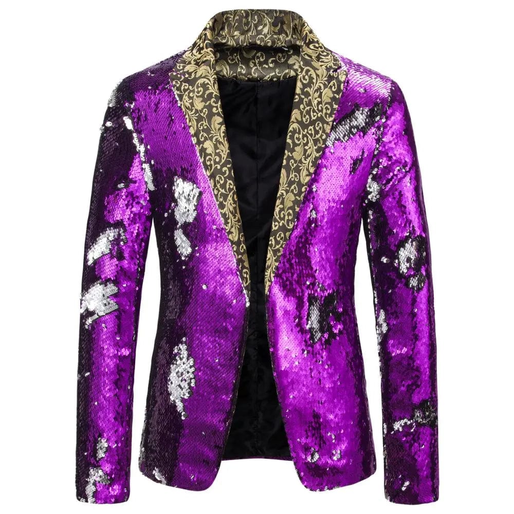 SHOWLU FASHION STORE purple / M Men's Suit Shiny two-tone sequin shawl Collar suit Men's Wedding Groom Singer Dance Sequin Suit Jacket DJ Club Stage Men's suit