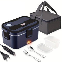 A dark blue portable electric food heater with a carrying bag, power cords, and utensils.