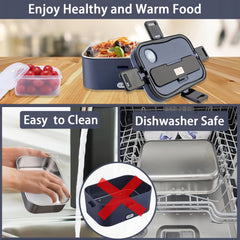 A portable food heater with a removable stainless steel container that is dishwasher safe.