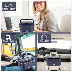 A portable blue food heater shown in office, truck, and car settings.