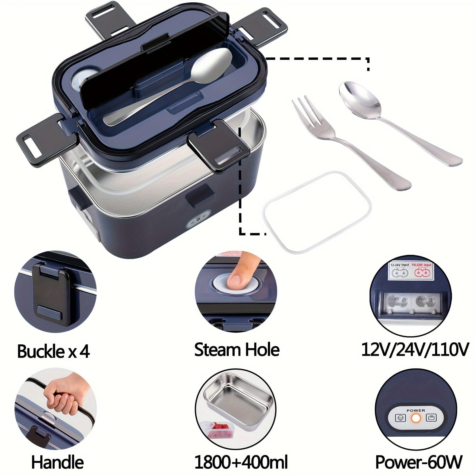 A portable military green food heater with a stainless steel container and power accessories.