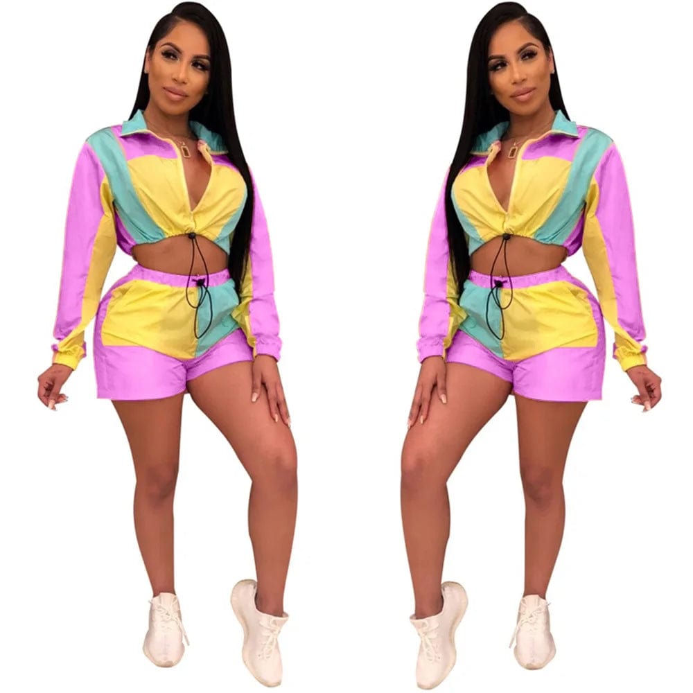  Showlu Fashion Store PURPLE / S Color Block Patchwork Two Piece Set Women Cut Out Crop Drawstring Top and Shorts Casual Female Tracksuit