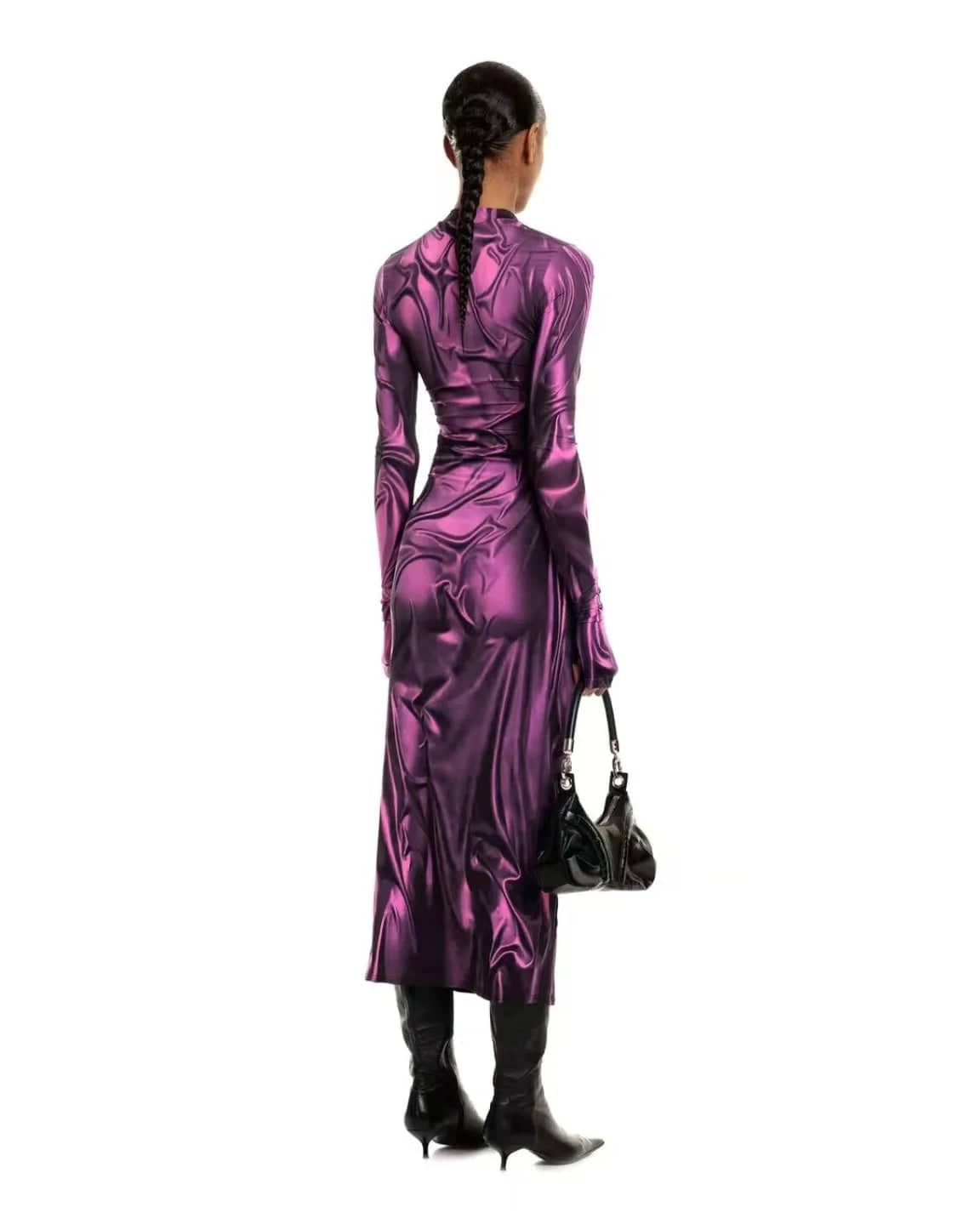 SHOWLU FASHION STORE PURPLE / S Fashion 3D Pleated Printed Dress Women Long Sleeve Maxi Evening Party Dresses Autumn Winter Sexy Bodycon Night Club Dress