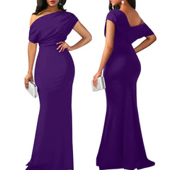  Showlu Fashion Store Purple / S Women Oblique Shoulder Slim Folds Long Dress Elegant Evening Party Floor Length Dresses Vestido de festa