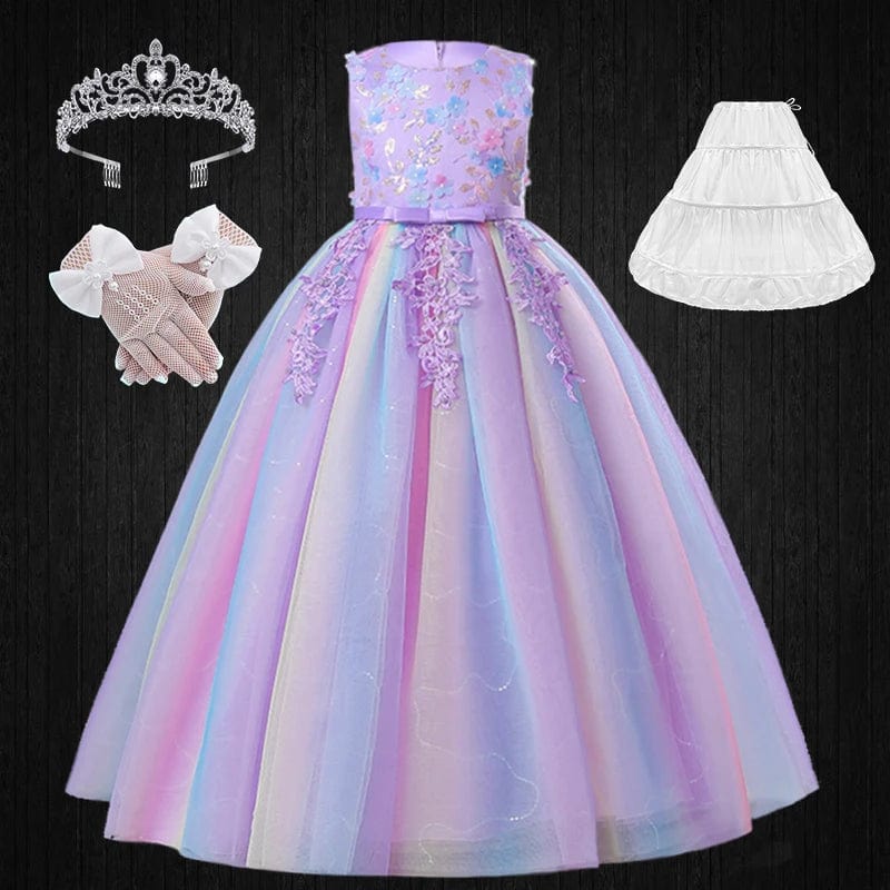  Showlu Fashion Store Purple Set01 / (3-4)T Formal Occasion Young Girl Tassel Rainbow Floral Long Elegant Bridesmaid Dresses Children's Graduation Party Ceremony Costumes