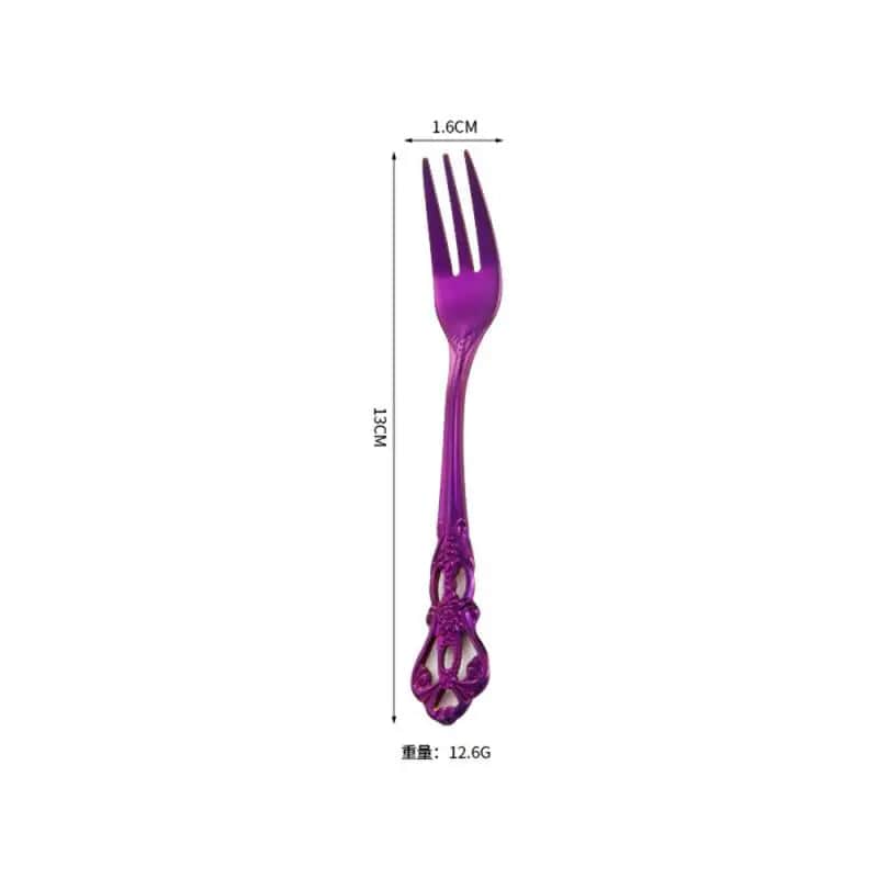  Showlu Fashion Store Purple Small Fork / CHINA Stainless Steel Cutlery Set Gold Dinnerware Royal Tea Spoon Forks Knives Kitchen Western Dinner Silverware Tableware Gift