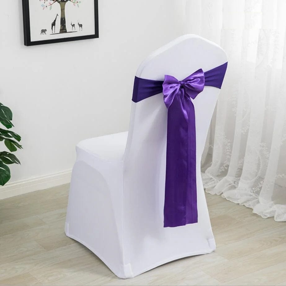  Showlu Fashion Store PURPLE Spandex Chair Sashes Wedding Ready Made Bow Tie Lycra Stretch Hotel Birthday Party Show Decoration On Sale Universal