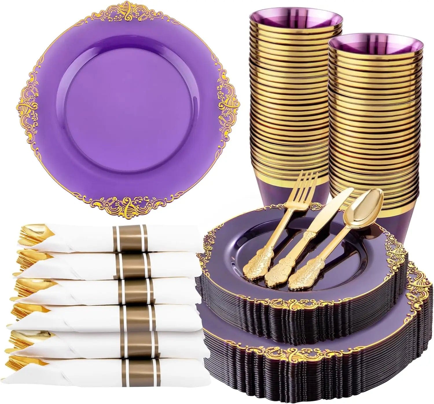 Showlu Fashion Store Purple / United States 175PCS Black and Gold Plastic Plates - Disposable Black Party Plates & Pre Rolled Napkins with Cutlery