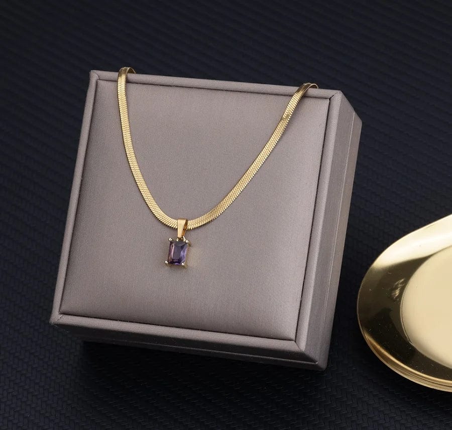  Showlu Fashion Store purple / United States Vintage Rust Steel Zircon Necklace Flat Snake Bone Chain Blade Chain Square Emerald Pendant Necklace Women Dropshipping