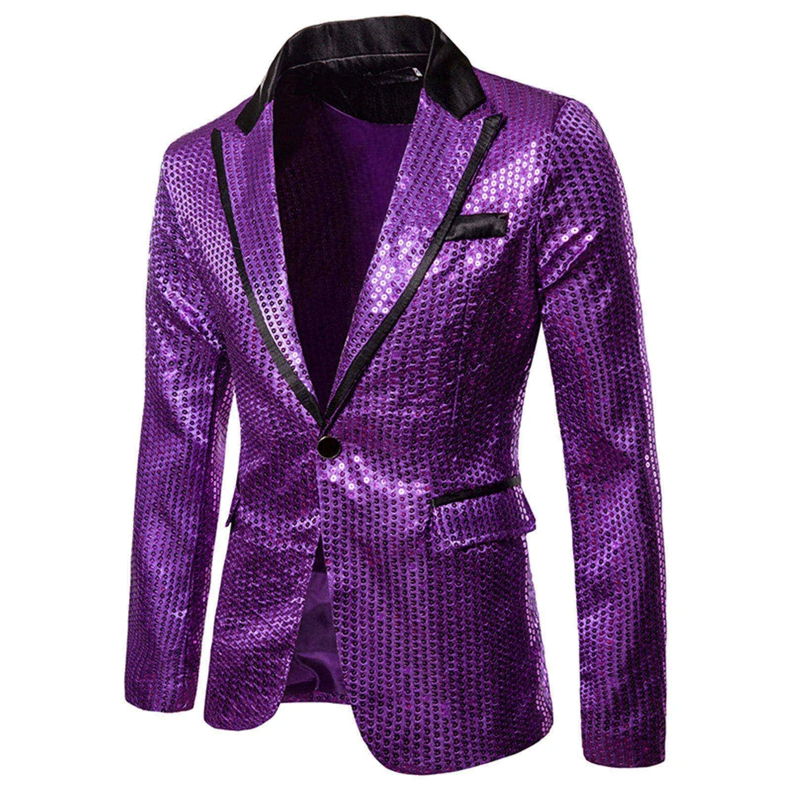 SHOWLU FASHION STORE Purple / XL Fashionable Men's Luxurious Sequin Suit Jacket Color Blocking Collar Casual Single Button Blazer Coats Charm Men's Clothing