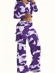 SHOWLU FASHION STORE Purple / XXL Camouflage Printed Casual Set Fashionable Sexy Short Top Casual Pants Two-piece Set Women's Sports Suit Outdoor Clothing