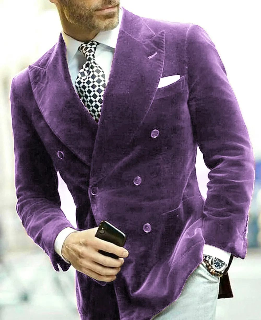 SHOWLU FASHION STORE Purple / XXL Men's Business Blazer Retro Velvet Lapel Collar Double-breasted Chest Pocket Blazer Casual Daily High quality Suit Jacket