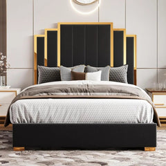 SHOWLU FASHION STORE queen size bed frame and 61" headboard, upholstered bed with gold gilt trim, modern platform bed, no box springs required