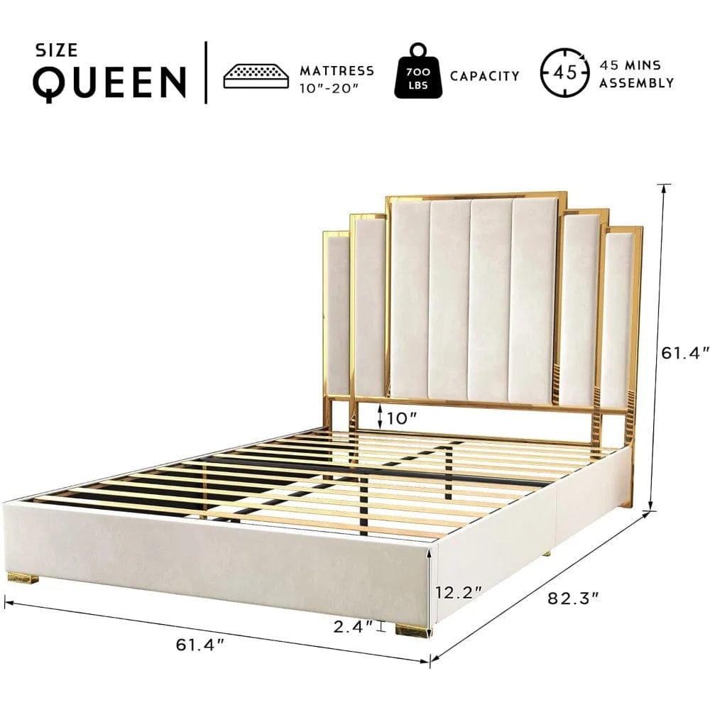 SHOWLU FASHION STORE Queen Size Bed Frame and 61" Headboard, Upholstered Bed with Golden Plating Trim, Modern Platform Bed