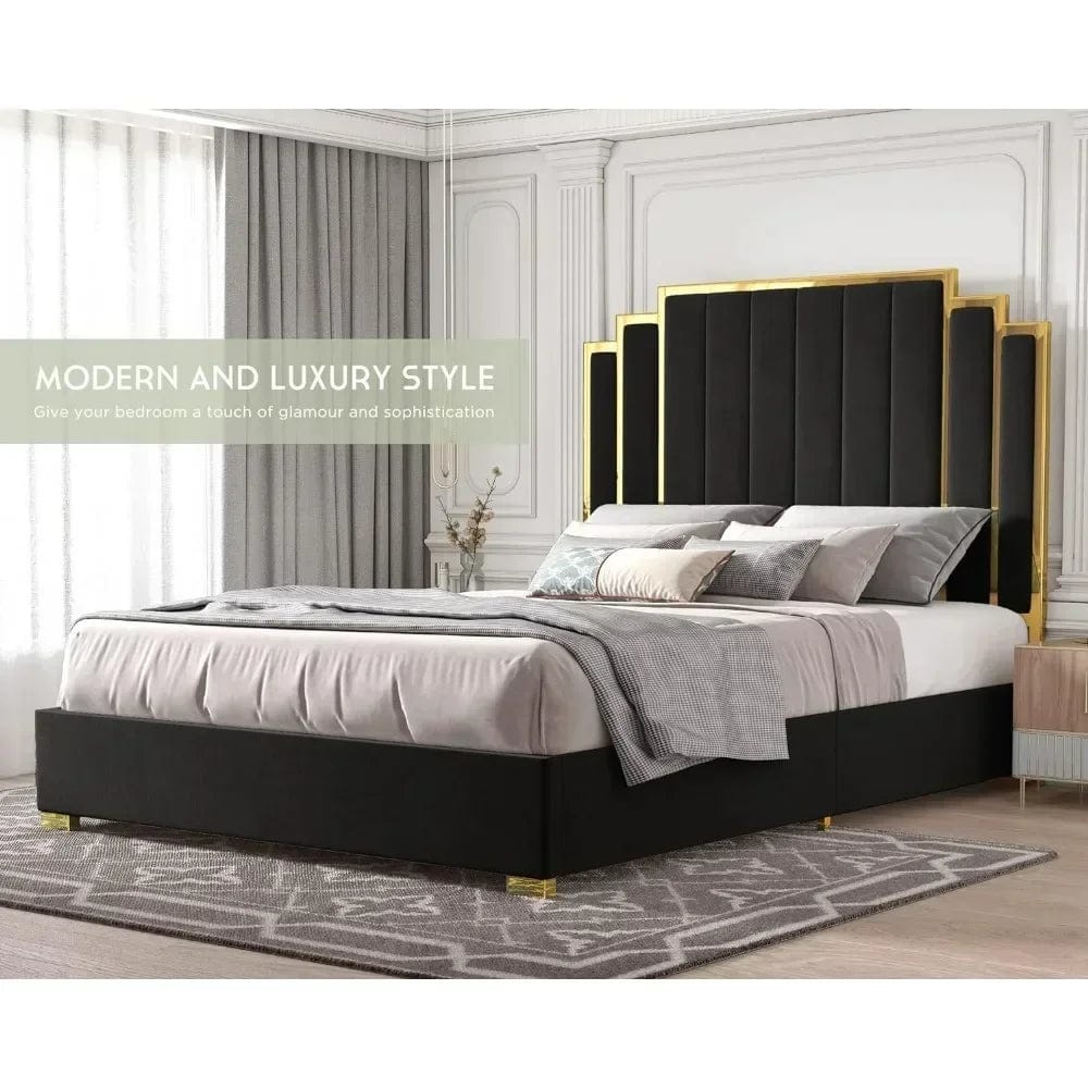 SHOWLU FASHION STORE Queen Size Bed Frame And 61" Headboard, Upholstered With Golden Plating Trim, Platform Beds No Box Spring Needed, Bed Frame