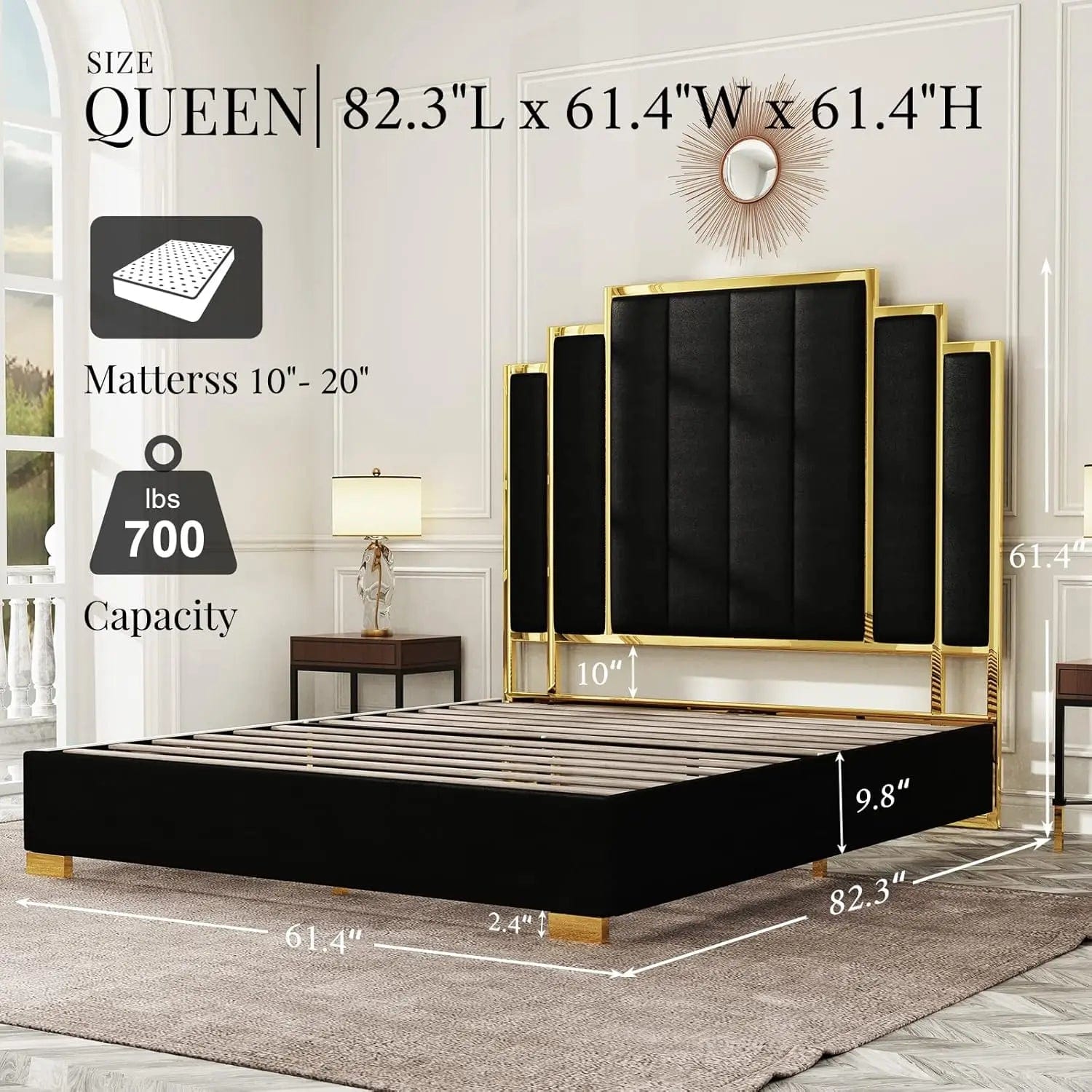 SHOWLU FASHION STORE Queen Size Platform Bed Frame, 61.4" Velvet Upholstered Bed with Gold Trim Headboard/Wooden Slats/No Box Spring Needed