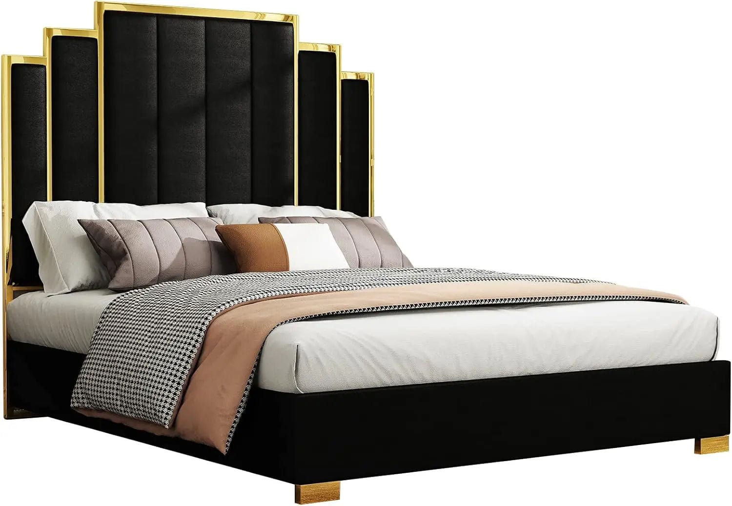 SHOWLU FASHION STORE Queen Size Platform Bed Frame, 61.4" Velvet Upholstered Bed with Gold Trim Headboard/Wooden Slats/No Box Spring Needed