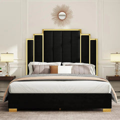 SHOWLU FASHION STORE Queen Size Platform Bed Frame, 61.4" Velvet Upholstered Bed with Gold Trim Headboard/Wooden Slats/No Box Spring Needed