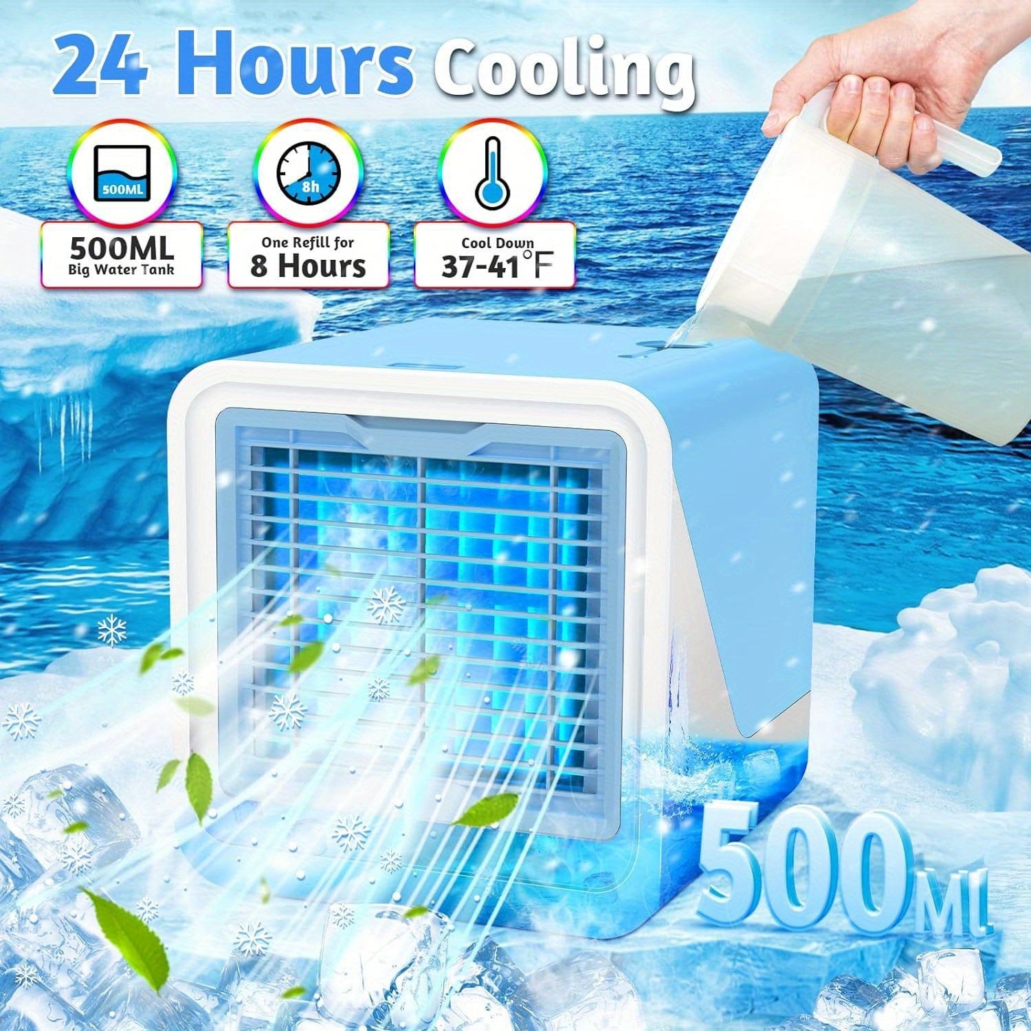 Portable Showlu Fashion Store PmoYoKo air conditioner with 3-speed fan, LED lights, replaceable filter, and humidifier function.