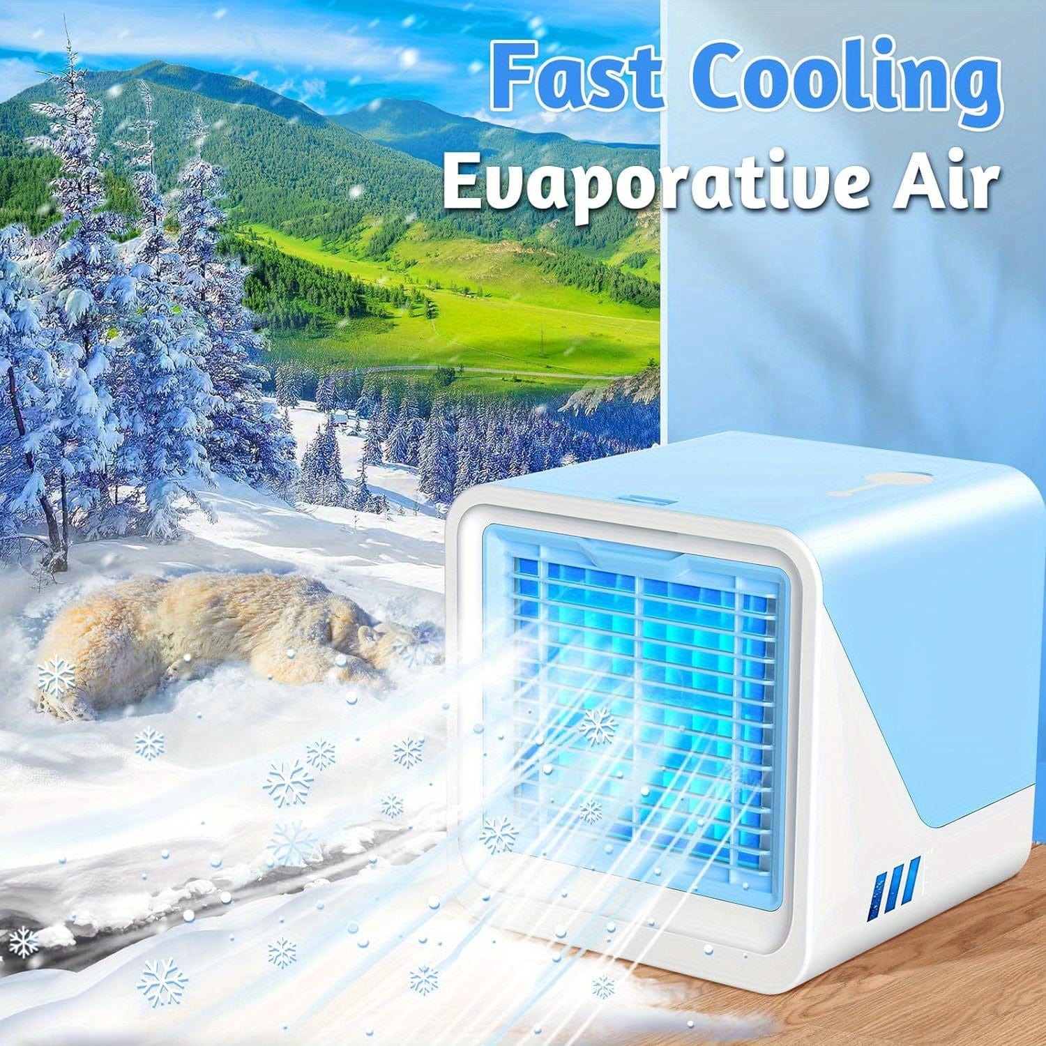 Showlu Fashion Store PmoYoKo portable air conditioner with 3-speed fan, LED lights, replaceable filter, and humidifier function.