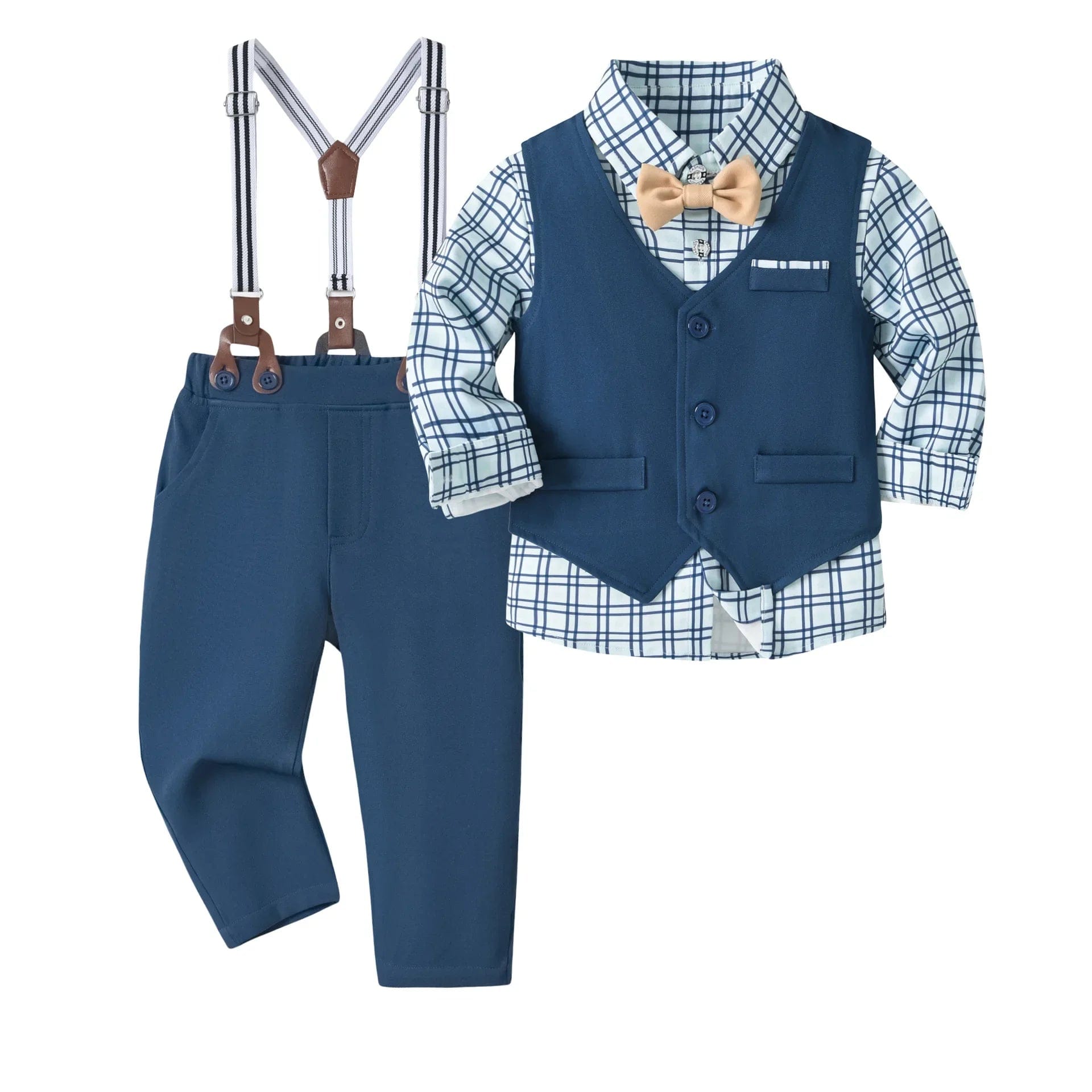  Showlu Fashion Store R-001 / 4T Vest Spring Set 1 2 3 4 5 Years Boy Host Wedding Costume Kid Cotton Suit Plaid Shirt with Solid Pants Strap Outfit Party Clothes