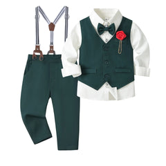  Showlu Fashion Store R-002 / 4T Vest Spring Set 1 2 3 4 5 Years Boy Host Wedding Costume Kid Cotton Suit Plaid Shirt with Solid Pants Strap Outfit Party Clothes