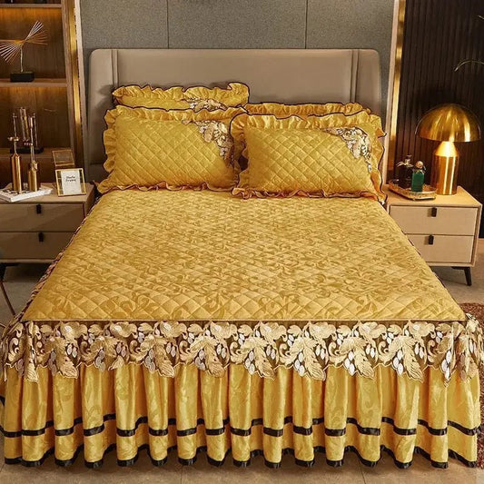 SHOWLU FASHION STORE r Velvet Thicken Bedspread Luxury Bed Skirt Style Bed Sheets Lace Embroidery Cotton Quilted Mattress Cover