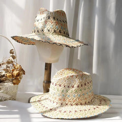  Showlu Fashion Store Raffia straw hat for women Bohemian colorful stitched straw hat ladies vacation sun hat beach summer vacation jazz hat panama