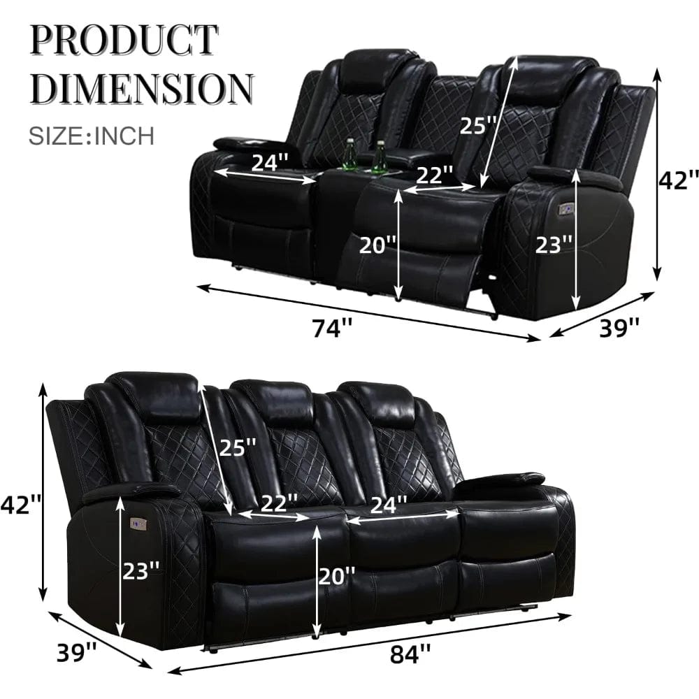 SHOWLU FASHION STORE Recliner Sofa Set with LED Lights,Leather Living Room Furniture Set with USB Port/Storage Console/Cup Holders,Reclining Sofa Set