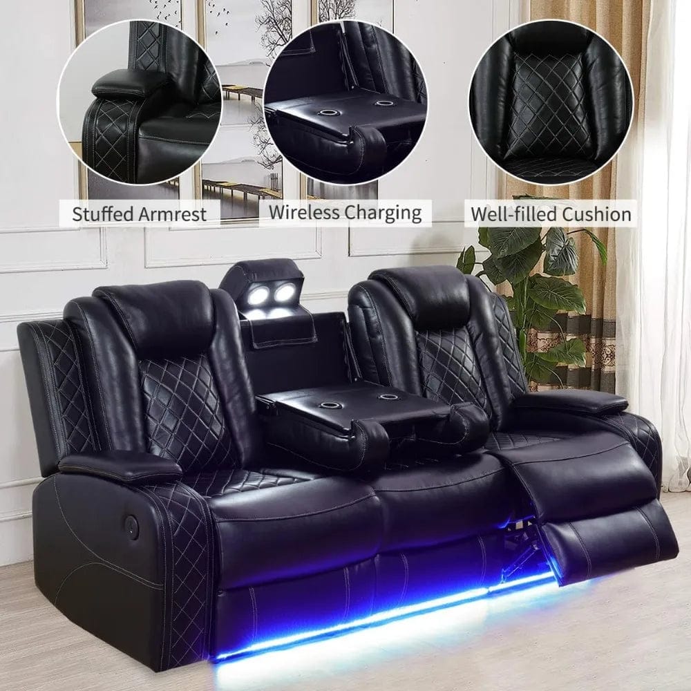 SHOWLU FASHION STORE Recliner Sofa Set with LED Lights,Leather Living Room Furniture Set with USB Port/Storage Console/Cup Holders,Reclining Sofa Set