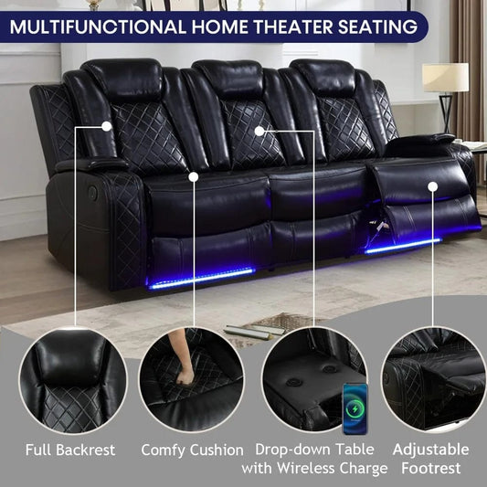 SHOWLU FASHION STORE Recliner Sofa Set with LED Lights,Leather Living Room Furniture Set with USB Port/Storage Console/Cup Holders,Reclining Sofa Set