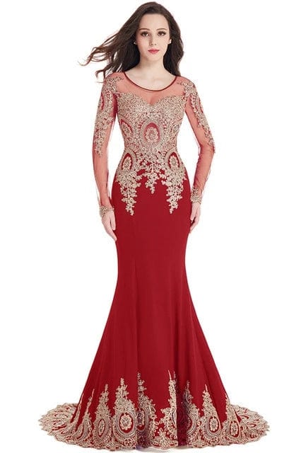 SHOWLU FASHION STORE Red / 14 Purple Mermaid Prom Dresses Women Beaded Lace Applique Red Long Sleeve Backless Elegant Formal Evening Party Gown Robe De Soirée