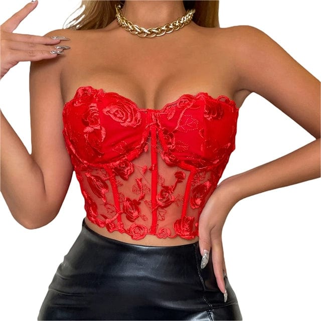  Showlu Fashion Store RED / 165/80A Sexy Mesh Slim Fit off Shoulder Wrap Chest Mesh Slim Fit off-Shoulder Tube Top Women