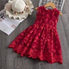  Showlu Fashion Store Red 2 / 3T Kids Dresses For Girls Flower Lace Tulle Dress Wedding Little Girl Ceremony Party Birthday Dress Children Autumn Casual Clothing